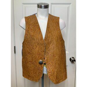 Jensen Smith Cowboy Code Brown Leather Blue Denim Western Vest, Size Large